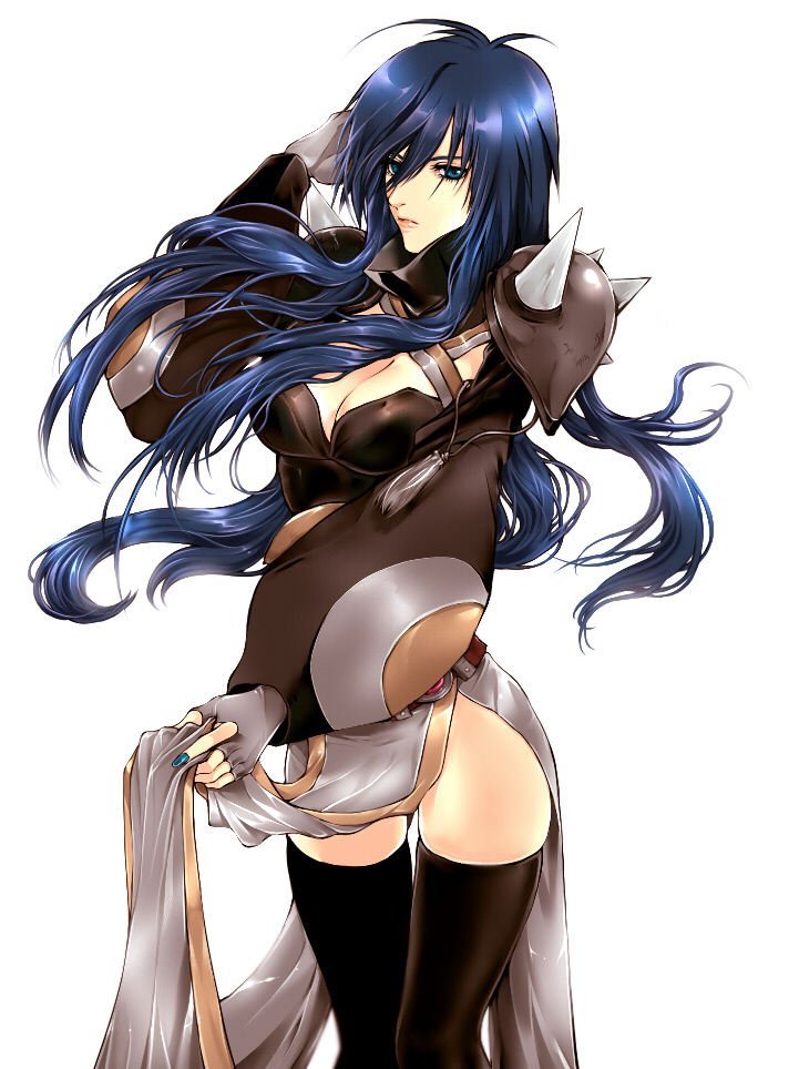 1girl, armor, bad_id, bad_pixiv_id, black_thighhighs, blue_hair, blue_nails, breasts, cleavage, female_focus, fingerless_gloves, fingernails, gangufeff_lim_do-ryoung, genderswap, genderswap_(mtf), ghost_messenger, gloves, green_eyes, junji_(pixiv579990), large_breasts, lim_do-ryoung, lipstick, long_hair, makeup, nail_(hardware), nail_polish, shoulder_pads, simple_background, solo, thighhighs, zettai_ryouiki