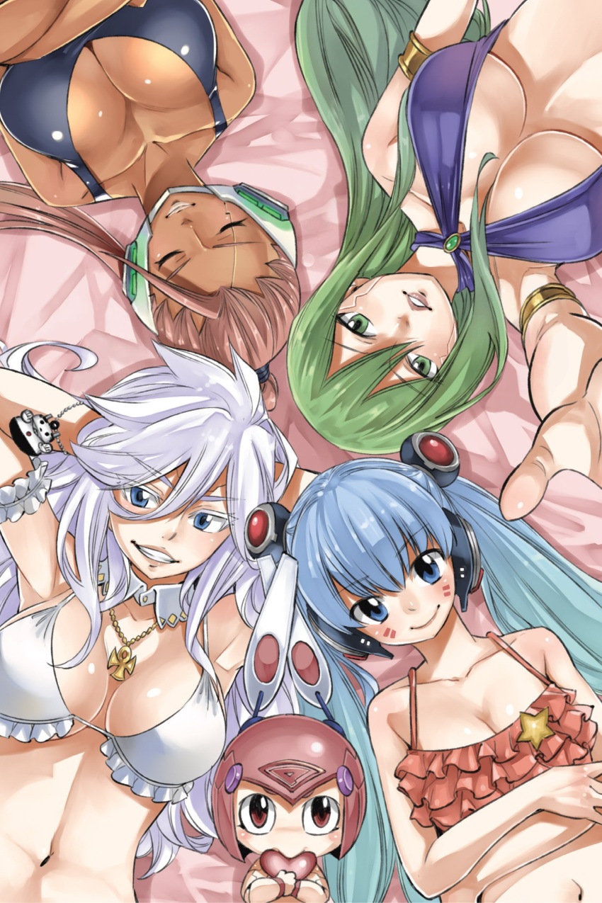 4girls, absurdres, arm_up, asymmetrical_hair, bed_sheet, bikini, bikini_top_only, black_bikini, blue_eyes, blue_hair, blush, breasts, brown_hair, cleavage, closed_eyes, closed_mouth, collarbone, criss-cross_halter, crossed_arms, detached_collar, eden's_zero, facial_mark, frilled_bikini, frills, from_below, gradient_hair, green_eyes, green_hair, grin, hair_between_eyes, halterneck, hermit_mio, high_ponytail, highres, jewelry, large_breasts, long_hair, looking_at_viewer, lying, mashima_hiro, mosco_versa-0, multicolored_hair, multiple_girls, navel, necklace, official_art, on_back, pino_(eden's_zero), ponytail, red_bikini, silver_hair, sister_ivry, small_breasts, smile, swimsuit, upper_body, valkyrie_yuna, very_long_hair, white_bikini, witch_regret