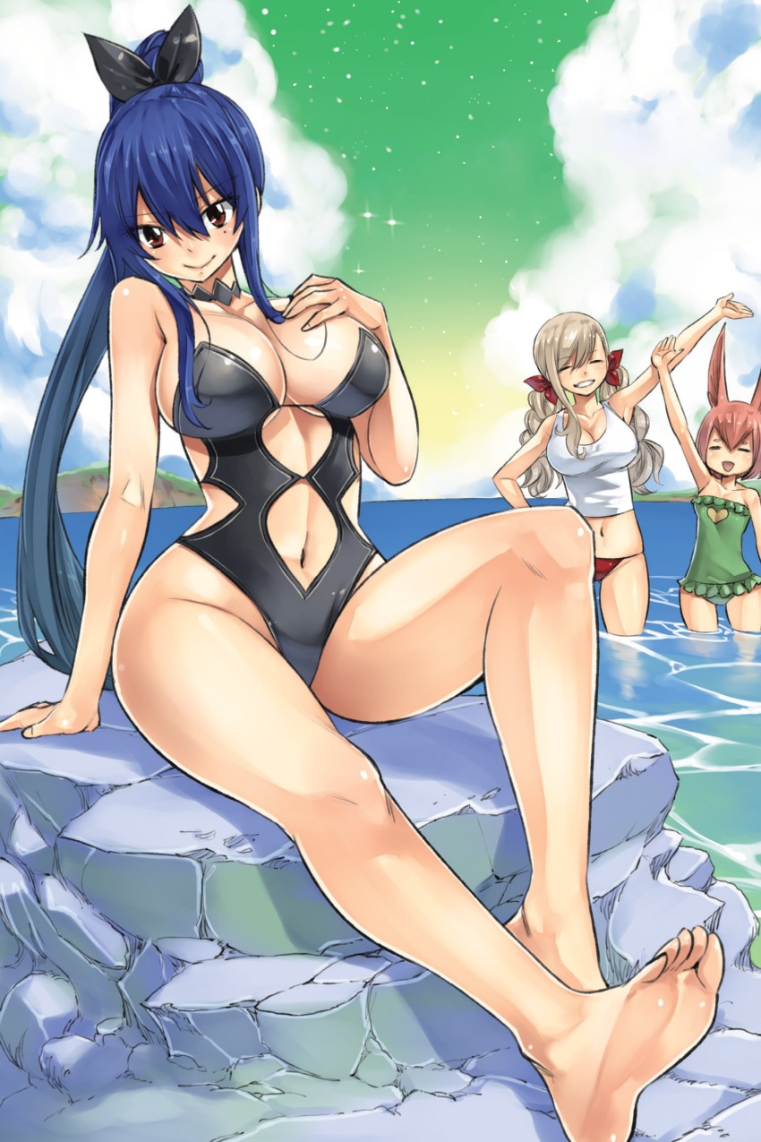 3girls, :d, absurdres, animal_ears, arm_up, barefoot, bikini, bikini_bottom_only, black_one-piece_swimsuit, blue_hair, bow, breasts, casual_one-piece_swimsuit, choker, closed_eyes, clothing_cutout, cloud, collarbone, day, eden's_zero, frilled_swimsuit, frills, full_body, green_one-piece_swimsuit, green_sky, grin, hair_between_eyes, hair_bow, heart, heart_print, highres, homura_kogetsu, large_breasts, long_hair, looking_at_viewer, mashima_hiro, mole, mole_under_eye, multiple_girls, navel, ocean, official_art, one-piece_swimsuit, open_mouth, outdoors, pink_hair, pino_(eden's_zero), rabbit_ears, rebecca_bluegarden, red_bikini, red_bow, red_eyes, shirt, short_hair, silver_hair, sitting, sky, sleeveless, sleeveless_shirt, smile, soles, stomach_cutout, strapless, strapless_one-piece_swimsuit, swimsuit, very_long_hair, wading, white_shirt