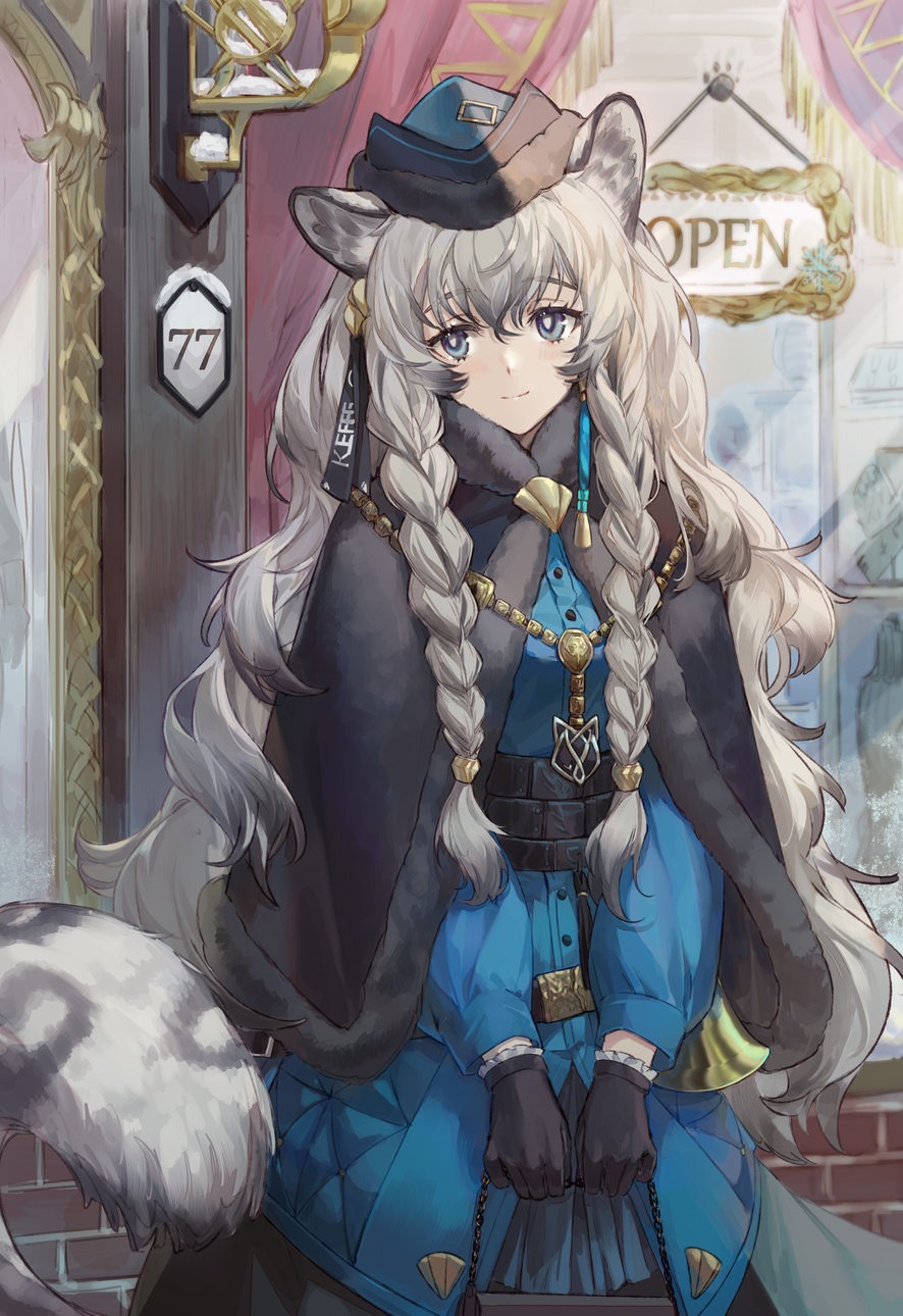 1girl, animal_ear_fluff, animal_ears, arknights, bag, black_capelet, black_gloves, blue_hat, blue_jacket, braid, capelet, chain, closed_mouth, commentary, csyday, day, door, fur-trimmed_capelet, fur_trim, gloves, gold_chain, grey_eyes, hair_between_eyes, hair_ribbon, handbag, hat, highres, jacket, jewelry, long_hair, long_skirt, long_sleeves, looking_at_viewer, official_alternate_costume, open_sign, outdoors, pramanix_(arknights), pramanix_(caster's_frost)_(arknights), ribbon, side_braid, silver_hair, skirt, smile, snow_leopard_ears, snow_leopard_tail, solo, standing, storefront, tail, twin_braids, very_long_hair, window