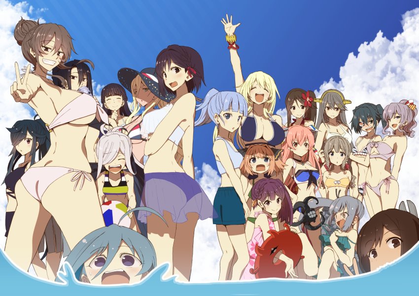 6+girls, absurdres, abyssal_ship, ahoge, alcohol, alternate_hairstyle, amagi_(kancolle), arm_up