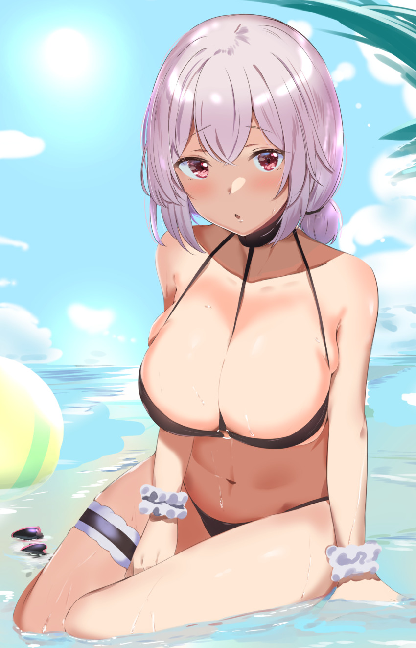 1girl, :o, azur_lane, ball, bare_shoulders, beachball, bikini, black_bikini