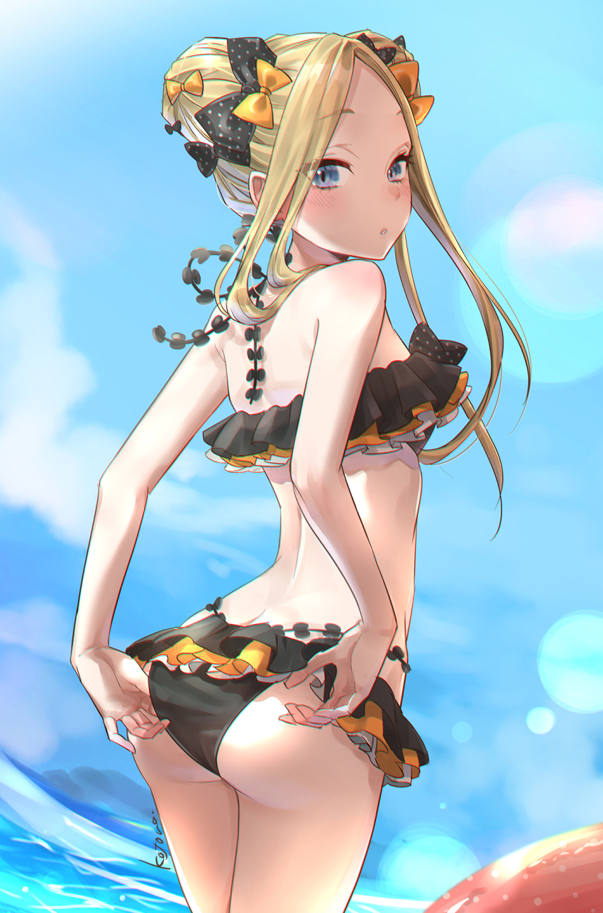 1girl, abigail_williams_(emerald_float)_(fate), abigail_williams_(fate), adjusting_clothes, adjusting_swimsuit, ass, back, bare_shoulders, bikini, black_bikini, black_bow, black_skirt, blonde_hair, blue_eyes, blue_sky, blush, bow, breasts, cst, day, double_bun, emerald_float, fate/grand_order, fate_(series), forehead, frilled_bikini, frills, hair_bow, hair_bun, highres, long_hair, looking_at_viewer, looking_back, microskirt, multiple_hair_bows, ocean, official_alternate_costume, open_mouth, orange_bow, panties, panty_pull, parted_bangs, polka_dot, polka_dot_bow, sidelocks, skirt, sky, small_breasts, solo, swimsuit, teasing, thighs, underwear
