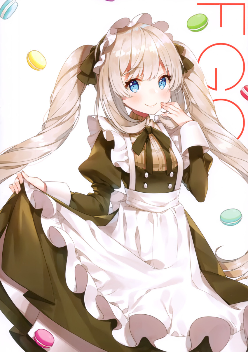 1girl, absurdres, apron, ayamy, black_dress, blue_eyes, blush, brown_shirt