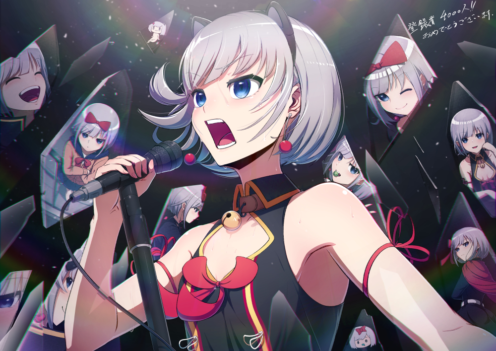 1girl, animal_ears, bell, blue_eyes, bow, breasts, chibi, cleavage