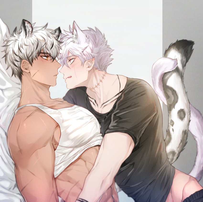 2boys, abs, animal_ear_request, animal_ears, bed, black_hair, blush, character_request, collarbone, extra_ears, eye_contact, hair_ears, highres, imminent_kiss, looking_at_another, mad_pingu, male_focus, multicolored_hair, multiple_boys, muscular, pectorals, scar, shirt, sidepec, tank_top, toned, toned_male, tongue, tongue_out, undressing, white_background, white_hair, yaoi