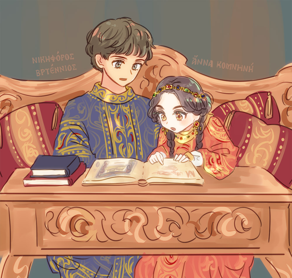 1boy, 1girl, animification, anna_comnena, bad_id, bad_twitter_id, blue_dress, book, bracelet, braid, brown_eyes, brown_hair, byzantine_empire, character_name, circlet, couch, desk, dress, earrings, glint, greek_text, husband_and_wife, jewelry, nikephoros_bryennios, open_book, orange_eyes, parted_bangs, parted_lips, pillow, reading, real_life, red_dress, satou_futaba_(loose_leaf), sitting, twin_braids
