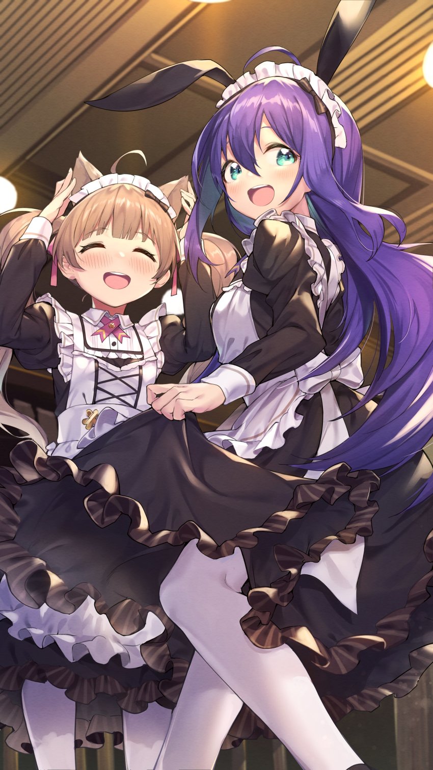 2girls, :d, ^_^, absurdres, ahoge, alternate_costume, animal_ears, apron