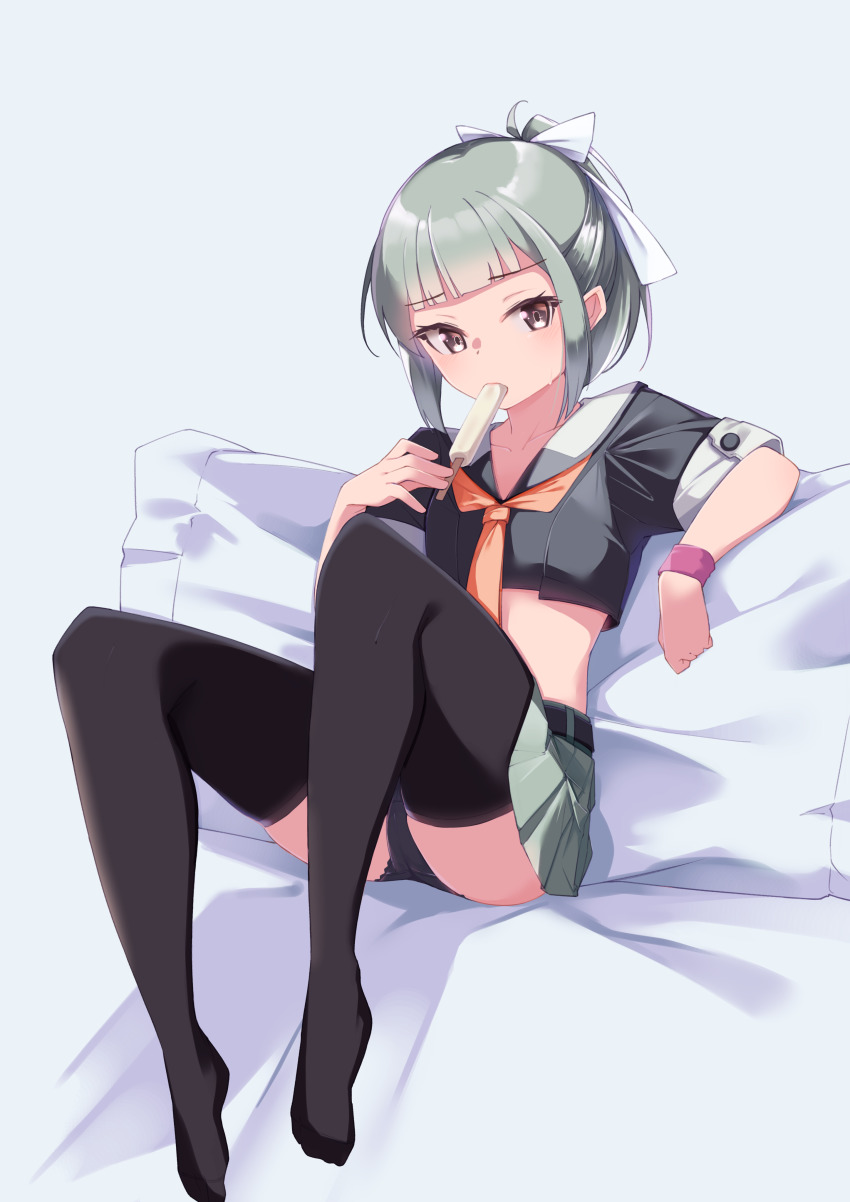 1girl, absurdres, beige_sailor_collar, black_panties, black_shirt, black_thighhighs, blunt_bangs, bow, brown_eyes, food, full_body, grey_hair, grey_skirt, hair_bow, highres, kantai_collection, looking_at_viewer, midriff, neckerchief, orange_neckerchief, panties, pantyshot, pleated_skirt, ponytail, popsicle, sailor_collar, sailor_shirt, school_uniform, serafuku, shirt, sitting, skirt, solo, thighhighs, underwear, uut, wristband, yuubari_(kancolle), yuubari_kai_ni_(kancolle)