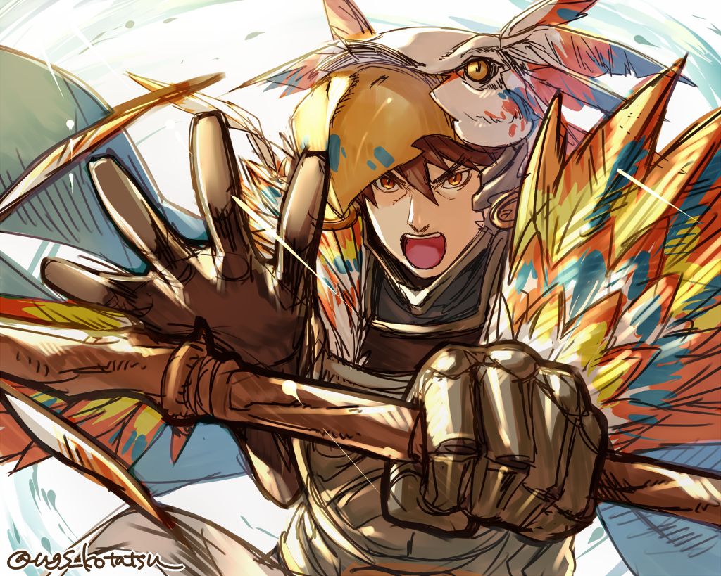 1boy, brown_eyes, brown_gloves, brown_hair, feathers, gloves, granblue_fantasy, hat
