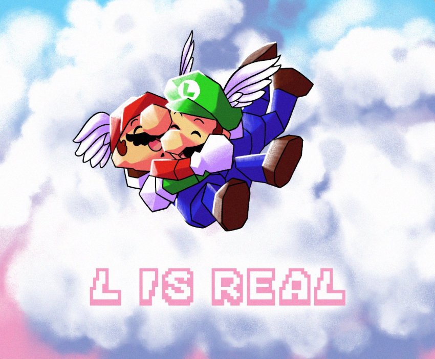 2boys, ^_^, brothers, closed_eyes, english_text, facial_hair, green_headwear, hug, low_poly, luigi, mario, mario_(series), multiple_boys, mustache, nintendo, open_mouth, red_headwear, siblings, super_mario_64, winged_hat, xxsky64xx