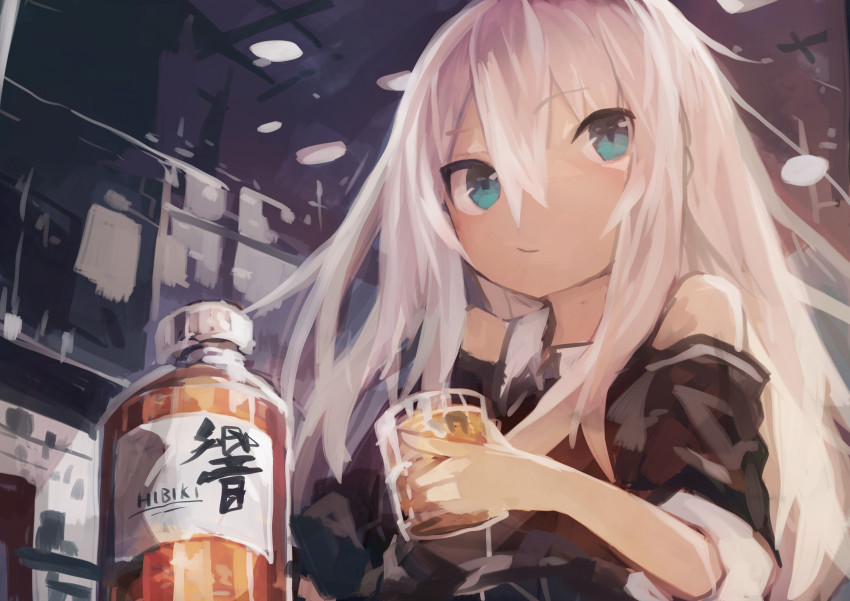 1girl, absurdres, alcohol, alternate_costume, blue_eyes, cup, drinking_glass, hair_between_eyes