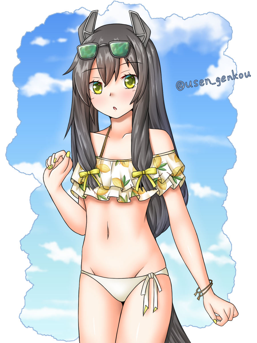 1girl, bikini, black_hair, blue_sky, cloud, commentary_request, cowboy_shot, eyewear_on_head