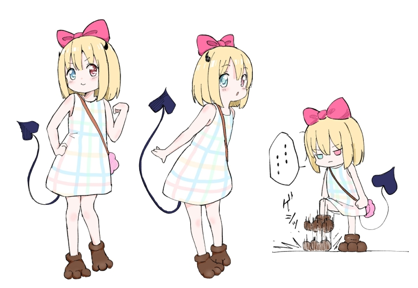 1girl, blonde_hair, blue_eyes, blush, bob_cut, bow, child, demon_tail