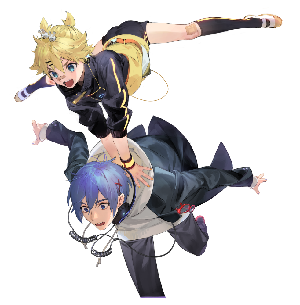 2boys, aqua_eyes, bandaid, bandaid_on_face, bandaid_on_knee, bandaid_on_leg, bandaid_on_nose, black_jacket, black_pants, black_socks, blonde_hair, blue_eyes, blue_hair, cable, falling, glasses, hair_ornament, hairclip, hands_on_another's_back, headphones, headphones_around_neck, hood, hoodie, hopping, jacket, kagamine_len, kagamine_len_(stylish_energy), kaito_(school_uniform_parka)_(vocaloid), kaito_(vocaloid), kneehighs, leap_frog, male_focus, multiple_boys, naoko_(naonocoto), open_mouth, outstretched_arms, outstretched_legs, pants, ponytail, red-tinted_eyewear, short_ponytail, shorts, smile, socks, spiked_hair, stylish_energy_(module), surprised, tinted_eyewear, track_jacket, v-shaped_eyebrows, vocaloid, white_footwear, white_hoodie
