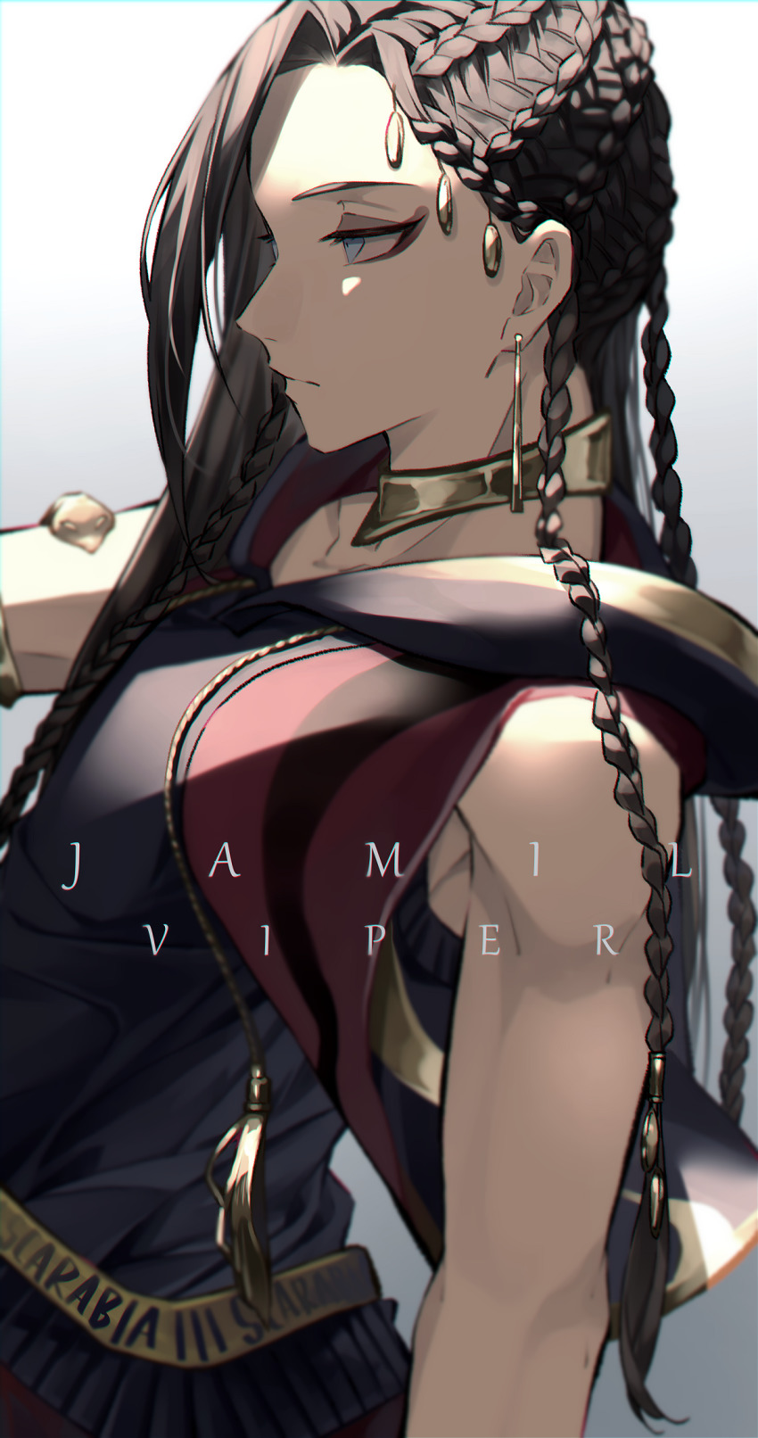 bare_shoulders, blush, braid, brown_hair, dark-skinned_male, dark_skin, earrings, hair_ornament