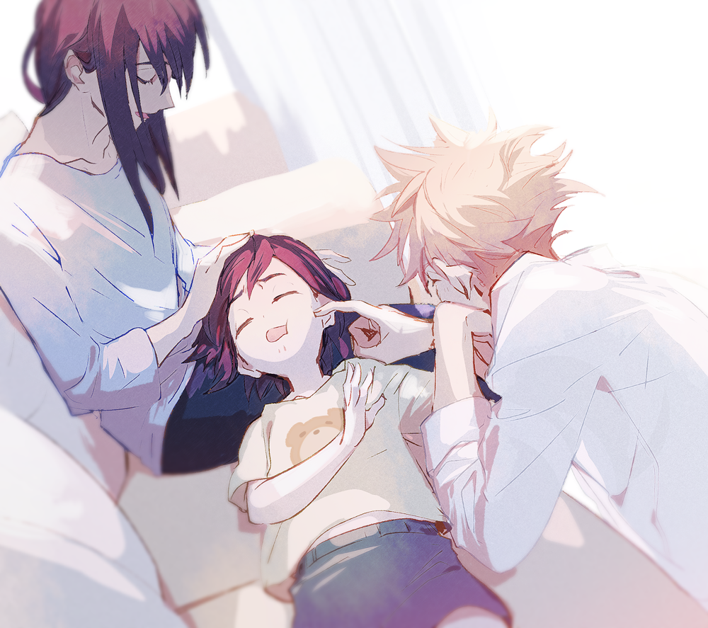 1boy, 2girls, cheek_poking, closed_eyes, couch, en_(enxxx), father_and_child, father_and_daughter, husband_and_wife, id_:_invaded, lap_pillow, long_hair, lying, mother_and_child, mother_and_daughter, multiple_girls, narihisago_akihito, narihisago_ayako, narihisago_muku, open_mouth, parent_and_child, poking, purple_hair, short_hair, sitting, smile, spiked_hair