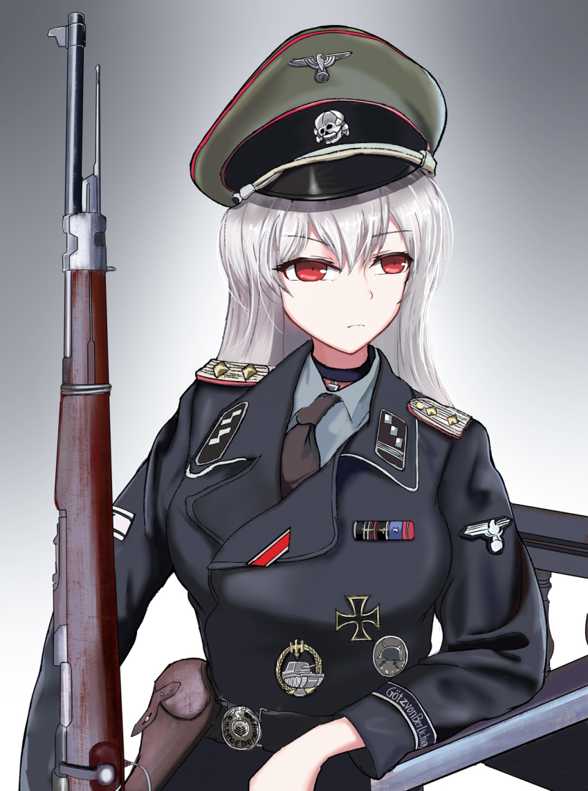 1girl, bolt_action, cross, girls'_frontline, grey_background, grey_necktie, gun, hat
