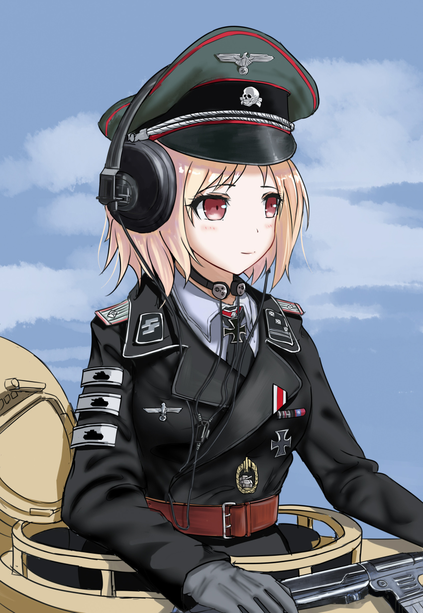 1girl, absurdres, belt, black_necktie, blonde_hair, blue_shirt, blush, brown_belt, cross, girls'_frontline, gloves, grey_gloves, gun, hat, headphones, highres, iron_cross, jacket, looking_away, medium_hair, military, military_dress_uniform, military_hat, military_jacket, military_uniform, military_vehicle, motor_vehicle, mp40, mp40_(girls'_frontline), necktie, peaked_cap, pk-971, red_eyes, reichsadler, shirt, solo, stug_iii, submachine_gun, tank, weapon, world_war_ii