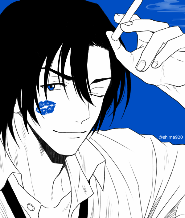 1boy, ;), black_hair, black_necktie, blue_background, blue_eyes, blue_theme, cigarette