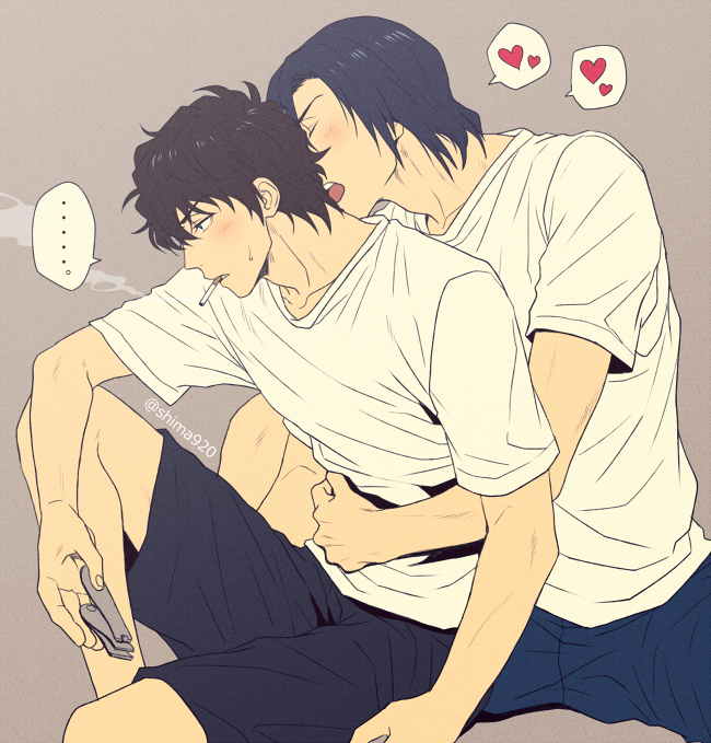 ..., 2boys, arm_around_another's_waist, black_hair, blue_shorts, blush, brown_hair, casual