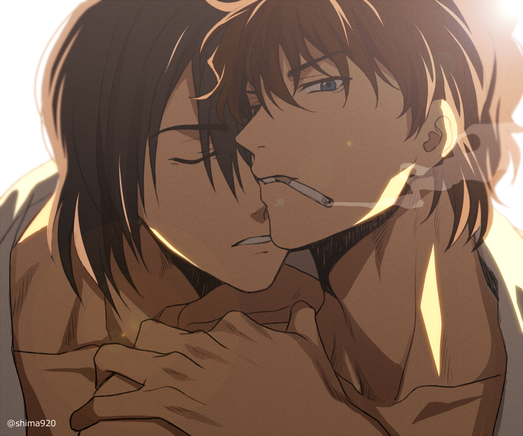 2boys, black_hair, blue_eyes, brown_hair, cigarette, closed_eyes, commentary_request, couple