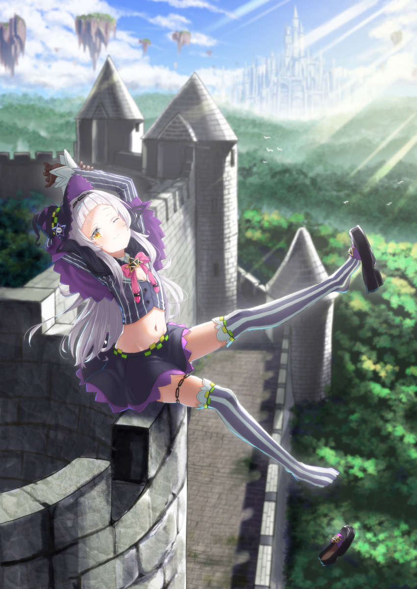 1girl, ;), arms_up, bird, black_shoes, black_skirt, blue_sky, blunt_bangs