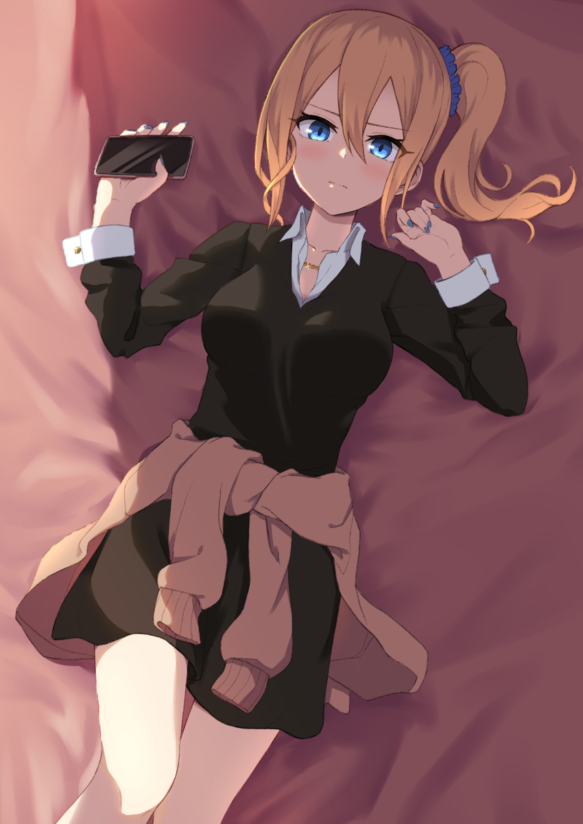 1girl, absurdres, black_dress, blonde_hair, blue_eyes, blue_nails, blush, cellphone