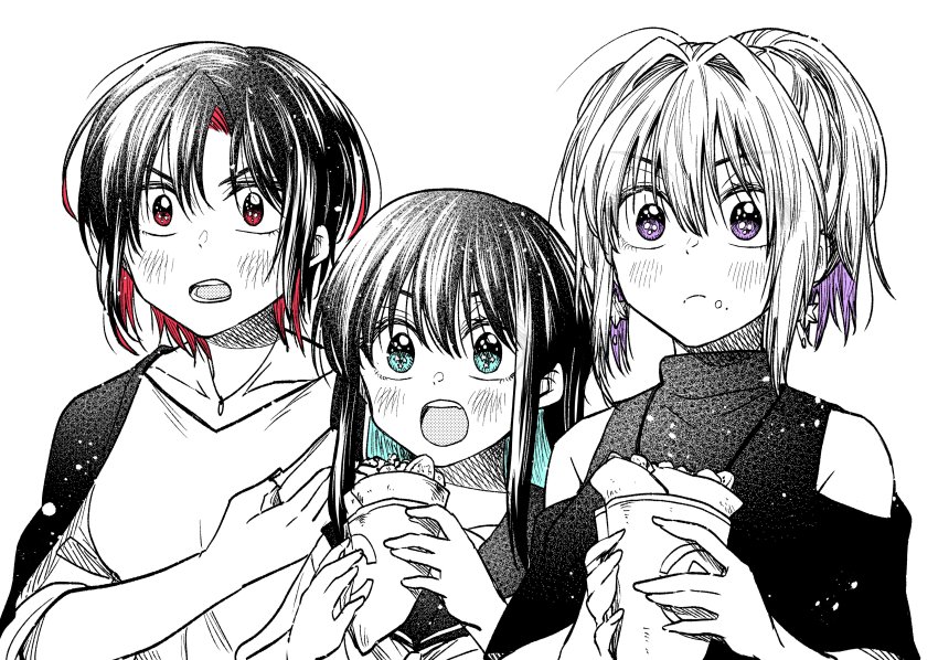 3girls, absurdres, blue_eyes, bukiyou_na_senpai, crepe, crossover, crumbs, eating