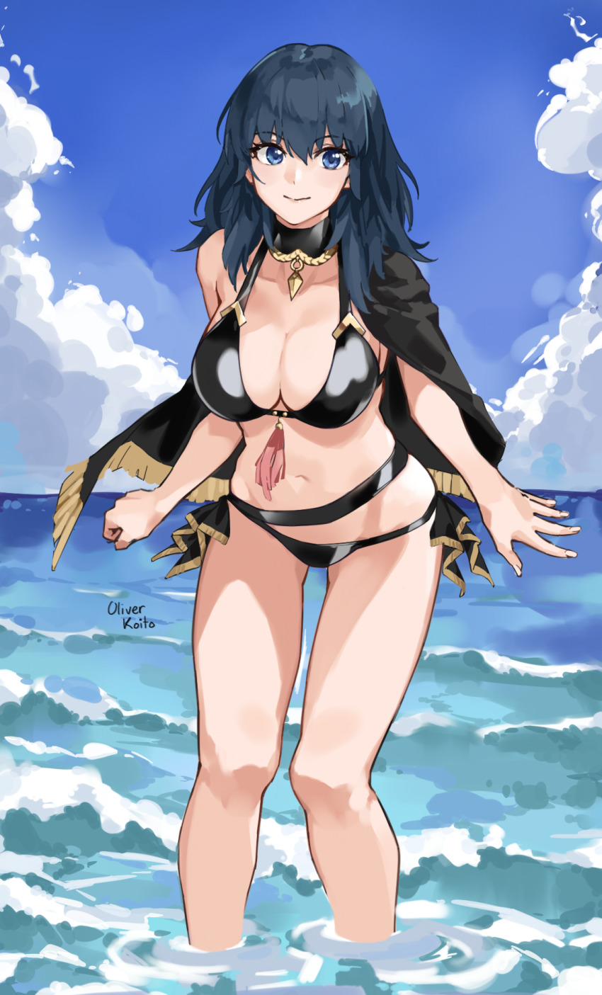 1girl, artist_name, bikini, black_bikini, black_hair, blue_eyes, blue_hair, blue_sky
