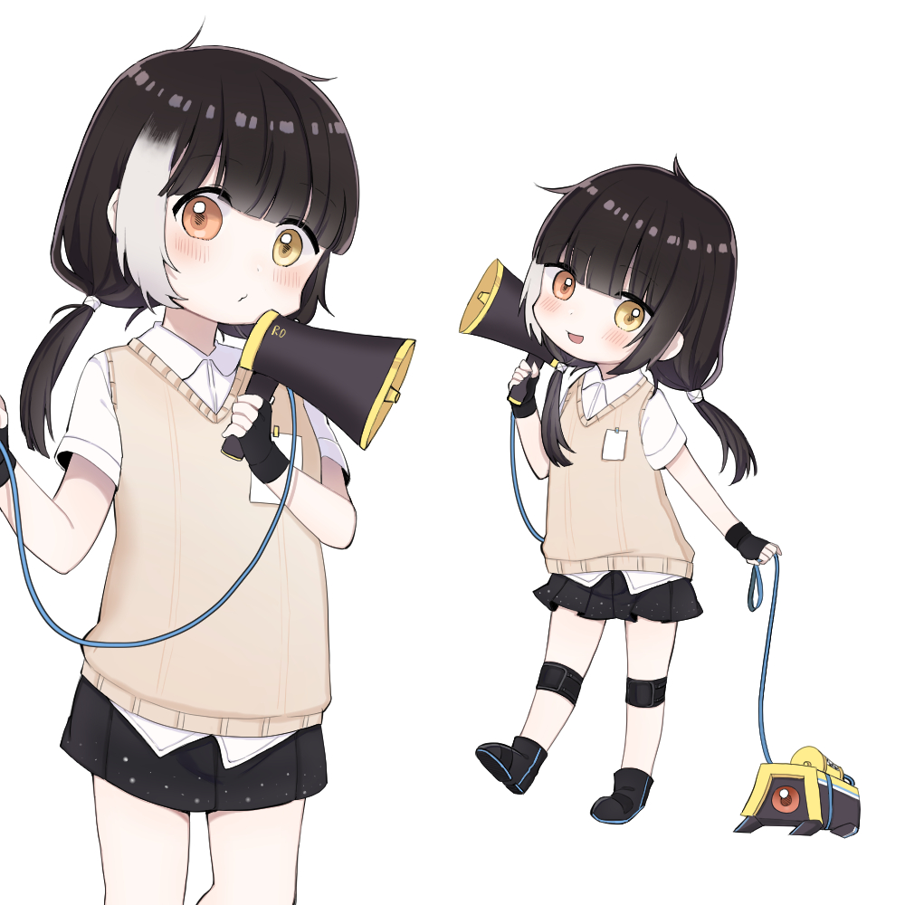 1girl, aged_down, black_gloves, black_hair, black_skirt, blush, breasts, fingerless_gloves