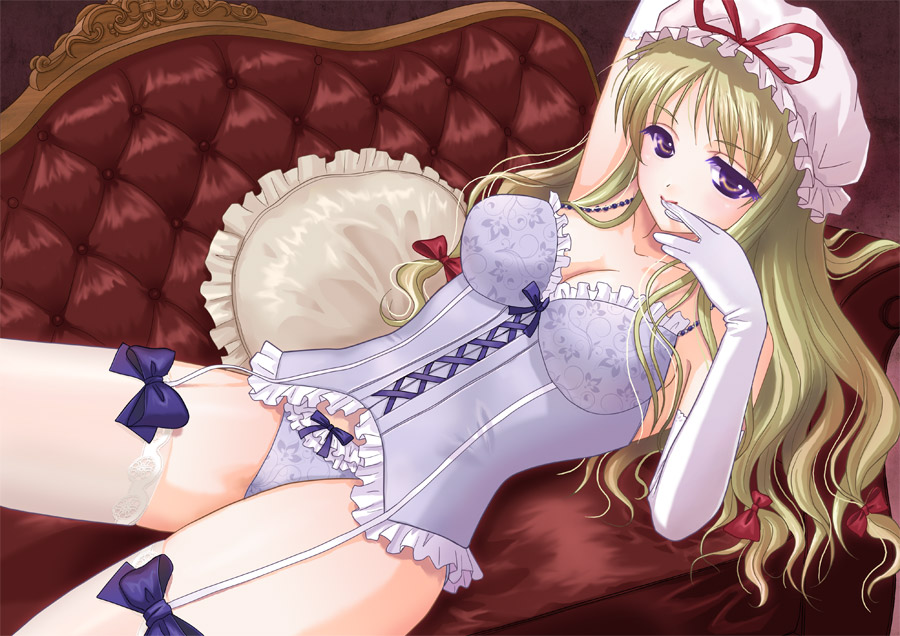 1girl, alha, blonde_hair, bow, bow_legwear, breasts, cleavage, colored_eyelashes
