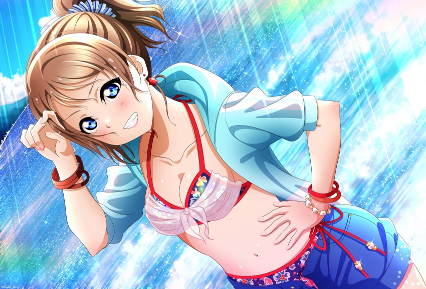 1girl, bangle, beads, bikini, bikini_under_clothes, blue_eyes, blue_hoodie, bracelet