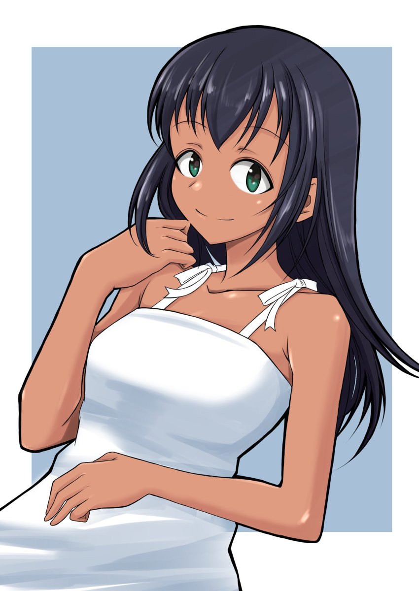 1girl, aged_up, bad_id, bad_twitter_id, dress, green_eyes, highres, long_hair