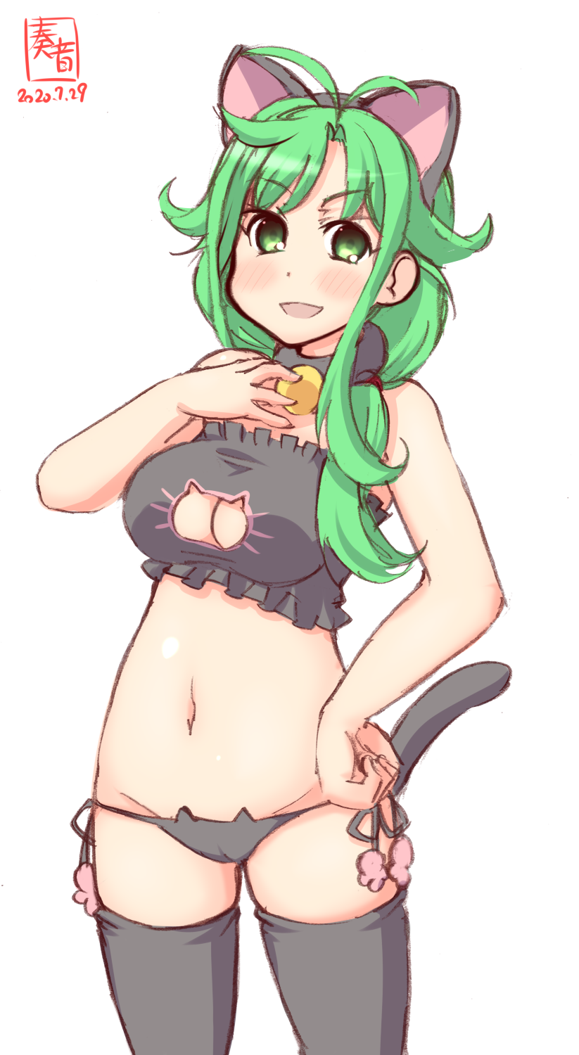 1girl, alternate_costume, animal_ears, antenna_hair, artist_logo, bell, black_bra, black_panties