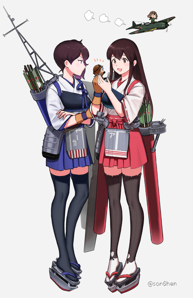 4girls, aircraft, aircraft_request, airplane, akagi_(kancolle), arrow_(projectile), bad_id, bad_twitter_id