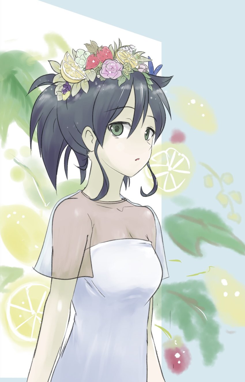 1girl, black_hair, flower, food, food_on_head, fruit, fruit_on_head, head_wreath