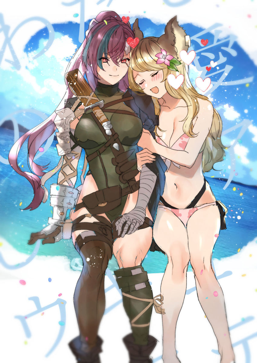 2girls, animal_ears, arm_hug, armor, asymmetrical_legwear, bandaged_arm, bandages, bikini