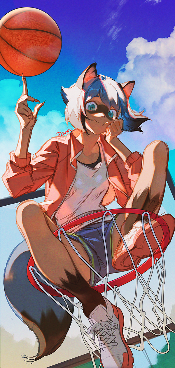 1girl, animal_ears, aqua_eyes, artist_name, balancing_ball, ball, basketball, basketball_(object)