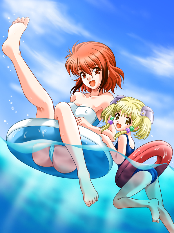 2girls, banpresto, bare_shoulders, barefoot, bikini, blonde_hair, breasts, brown_eyes