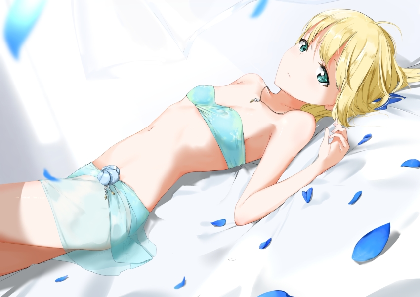 1girl, ahoge, artoria_pendragon_(fate), bed_sheet, bikini, blonde_hair, blue_bikini, breasts, closed_mouth, collarbone, fate/stay_night, fate_(series), green_eyes, hair_between_eyes, highres, jewelry, looking_at_viewer, lying, necklace, official_alternate_costume, on_back, petals, saber_(fate), saber_(resort_vacances)_(fate), sarong, short_hair, small_breasts, solo, strapless, strapless_bikini, swimsuit, zagashira