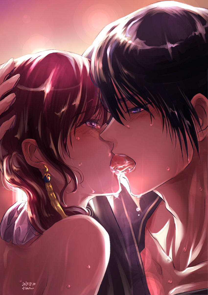 1boy, 1girl, absurdres, akatsuki_no_yona, blue_eyes, cao_(cucurbita_k), collarbone, couple, drooling, french_kiss, hak_(akatsuki_no_yona), half-closed_eyes, hand_on_another's_head, hetero, highres, kiss, open_mouth, pink_background, portrait, purple_eyes, sweatdrop, tongue, tongue_out, yona_(akatsuki_no_yona)