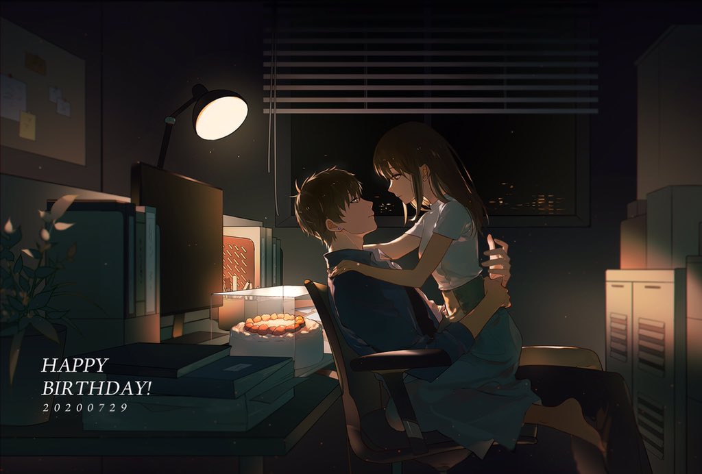 1boy, 1girl, barefoot, binder, bulletin_board, cake, chair, commentary_request