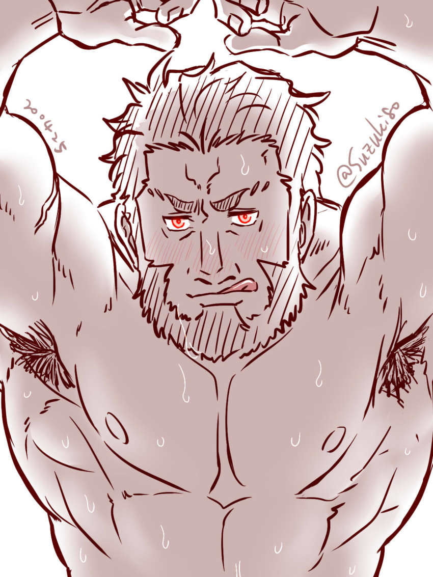 1boy, abs, armpit_hair, arms_up, bad_id, bad_pixiv_id, bara, beard