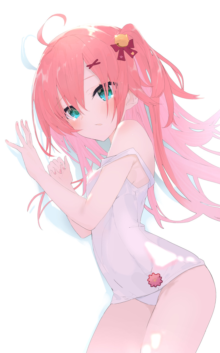 1girl, ahoge, alternate_costume, bell, cowboy_shot, green_eyes, hair_bell, hair_between_eyes