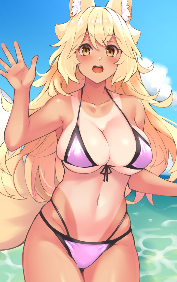 1girl, animal_ear_fluff, animal_ears, bad_id, bad_twitter_id, bikini, blonde_hair, blush