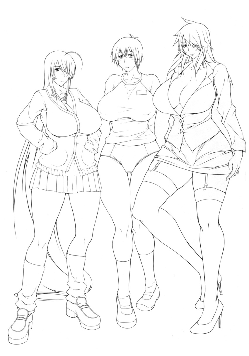 00s, 3girls, blush, breasts, buruma, business_suit, cardigan, cleavage