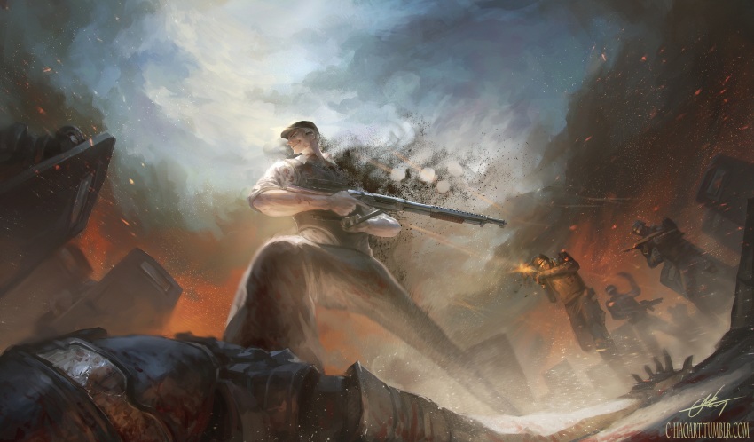 absurdres, ajin_(sakurai_gamon), ballistic_shield, firing, flat_cap, gun, hat, highres