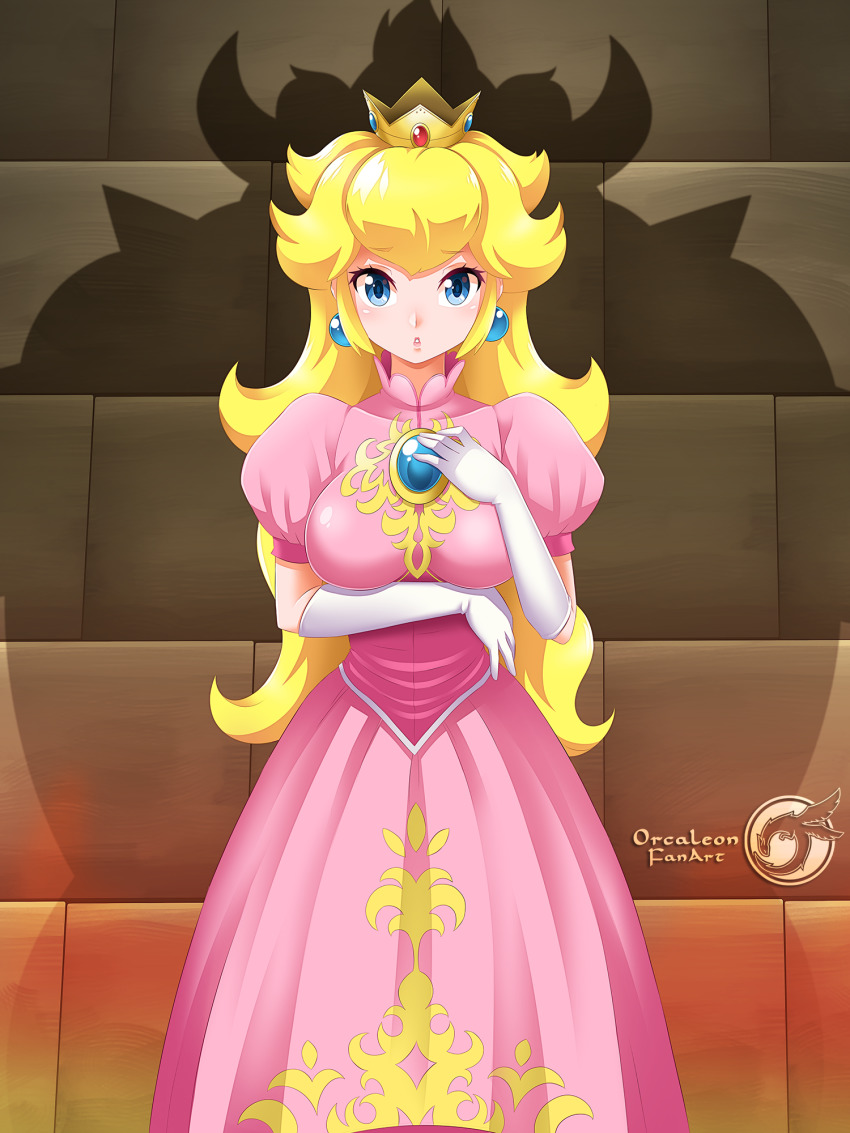 1girl, blonde_hair, blue_eyes, blush, bowser, breasts, crown, dress