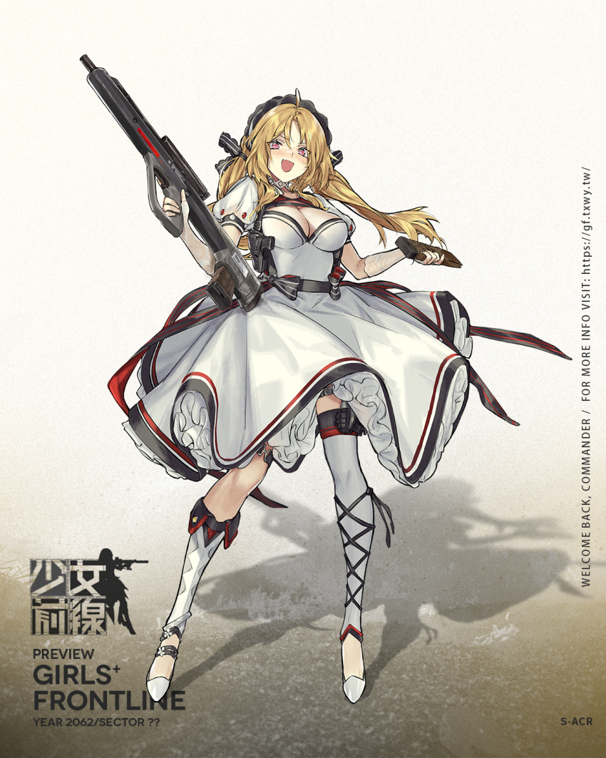 1girl, assault_rifle, asymmetrical_legwear, birdcage_flash_hider, blonde_hair, blush, breasts, bullpup